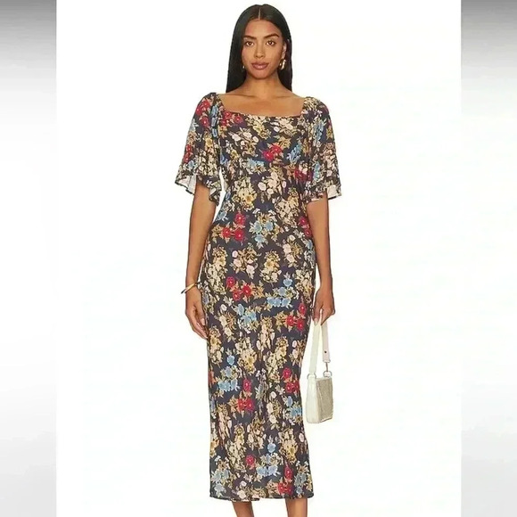 NWT Spell Flora Midi Flutter Sleeve Floral Dress Mystic S - Picture 1 of 5